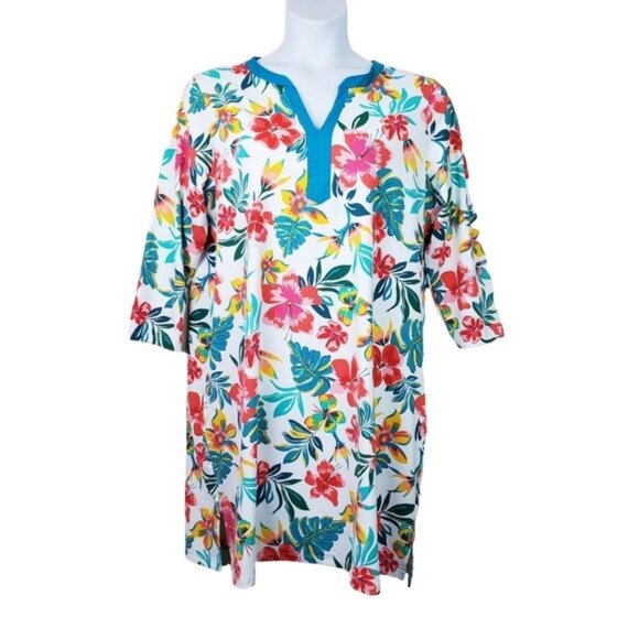 Lands End Womens Long Sleeve White Tropical Beach Swim Cover Up Dress Size XL - Picture 1 of 11